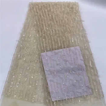 

2019 gold Latest Designs African Lace Fabric French Net Lace Fabric With white Sequins High Quality African Beaded Tulle Fabric