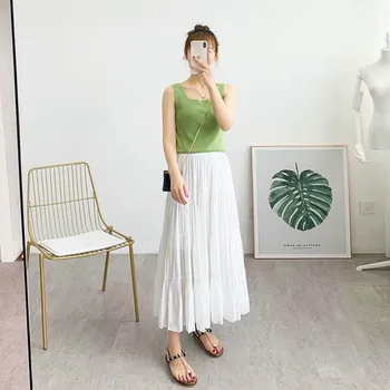 

2020 Summer Women Elastic Waist Ladies Long Solid Color Elegant Boho Skirt High Waist Black Green White Skirt Korean Style FY313