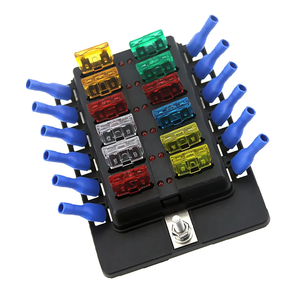 Car Boat 6V/12V/24V 12 Way Fuse Box Holder And Fuse With Red LED Light Kit