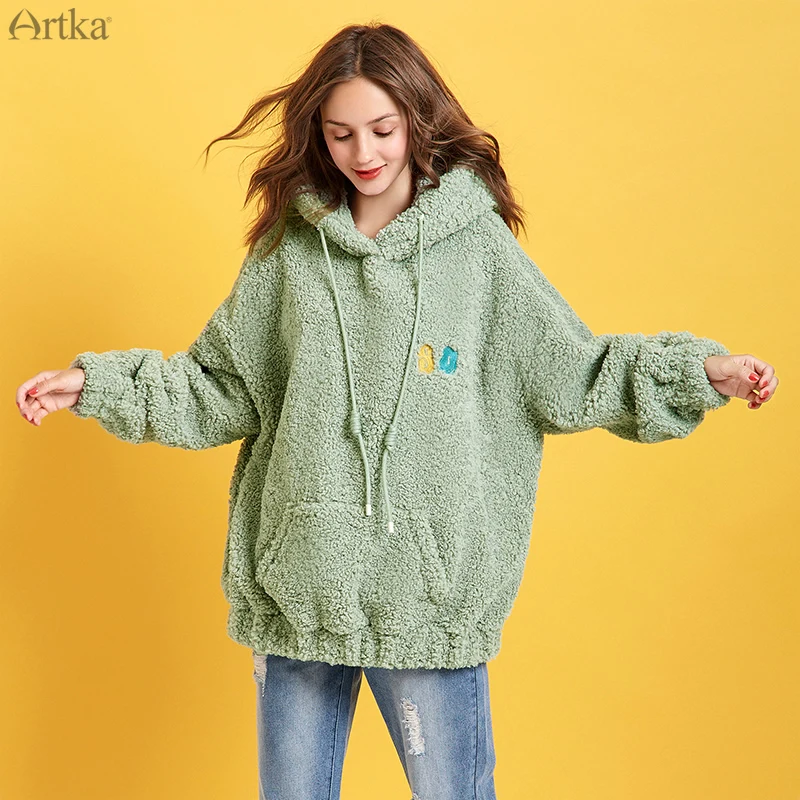 ARTKA/Новинка года; зимняя женская толстовка; плотный плюшевый худи с вышивкой; Свободный Повседневный с рукавом-фонариком; Толстовка VA10098D