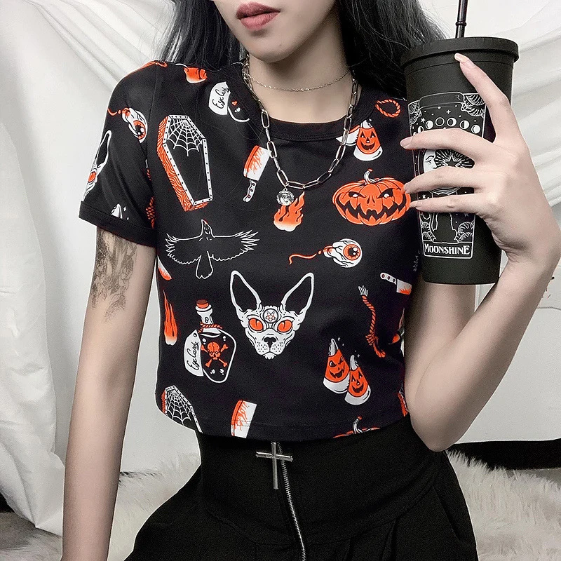 

Halloween Pattern Pumpkin Print High Waist Cropped Short T-shirts Tops Women Girls Summer Punk Gothic Round Neck T Shirts Tees
