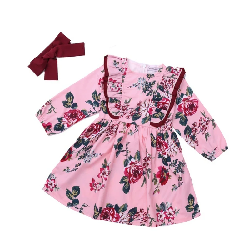 Модное платье для малышей; детское платье с длинными рукавами и бантом; весенняя одежда для маленьких девочек