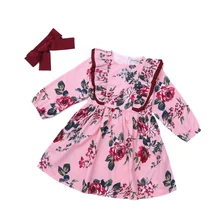 Модное платье для малышей; детское платье с длинными рукавами и бантом; весенняя одежда для маленьких девочек