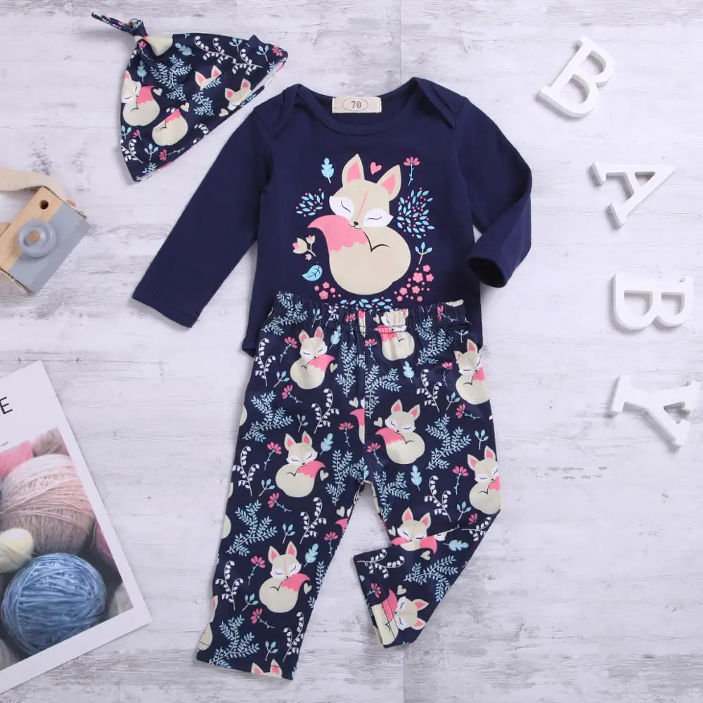 Хлопковый комбинезон с длинными рукавами для новорожденных девочек, штаны, шапка, комплект из 3 предметов, одежда для маленьких детей с милым принтом лисы