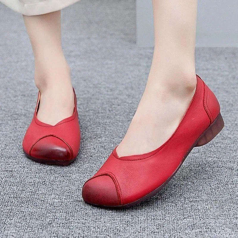 Women Flats Retro Slip on Flat Shoes Anti-Slippery Grandmother Black Loafers 2020 New Red Microfiber Leather Ladies | Обувь