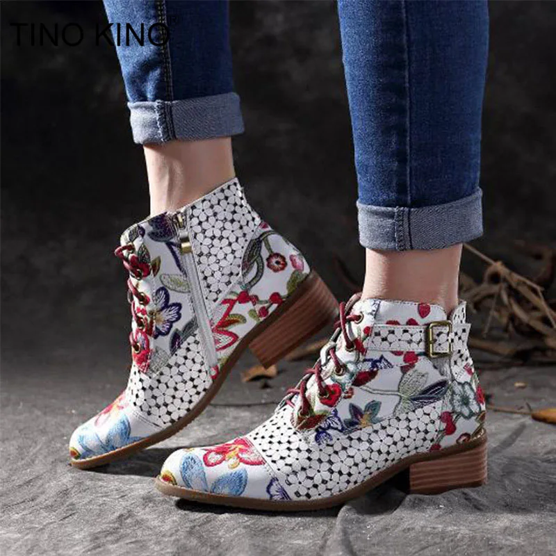 

TINO KINO New Women Flower Zip Autumn Ankle Boots Plus Size Ladies Buckle Lace Up Thick Low Heels Female Fashion Casual Shoes