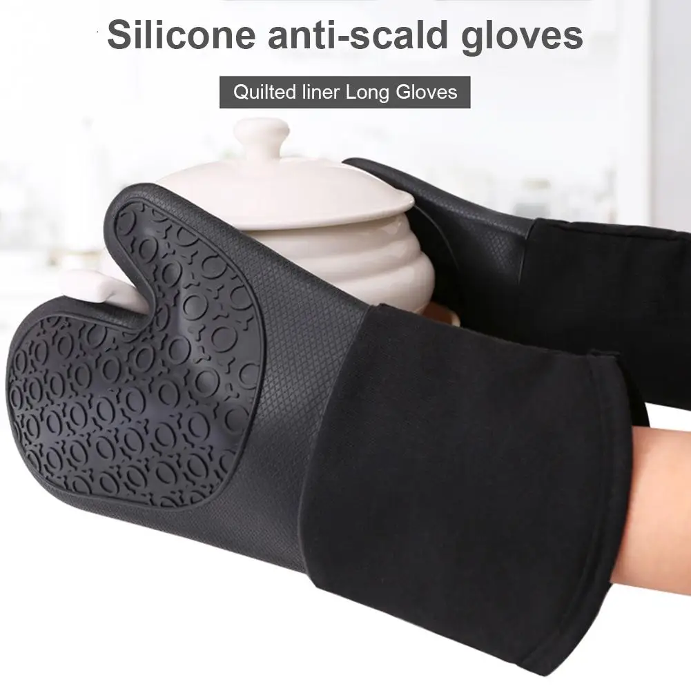 Guantes de silicona antideslizantes para horno, resistentes al calor, resistentes al agua, largos, de algodón, para barbacoa y hornear