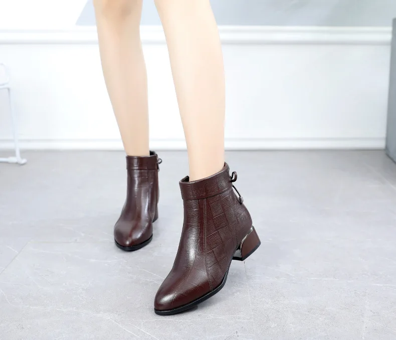 GKTINOO New Ankle Boots Women Pointed Toe Thick Heels Genuine Leather Shoes Short Boots Soft Sole Footwear Plus Size 35-43