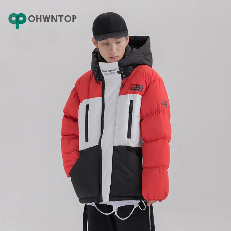 

New Men Winter Color Block Patchwork Hooded Parkas Hip Hop Zipper Pockets Thick Warm Jackets Coat Men Fashion Casual Streetwear