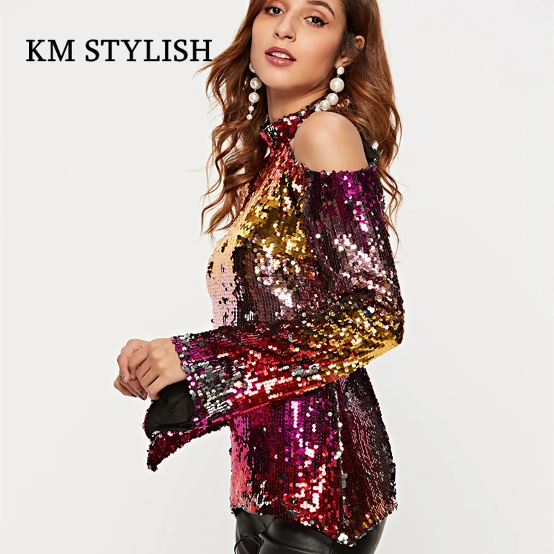 Осень Новая мода Топ Женская блузка с длинным рукавом o-образным вырезом Bling Sequined нерегулярные расклешенные рукава Повседневная рубашка