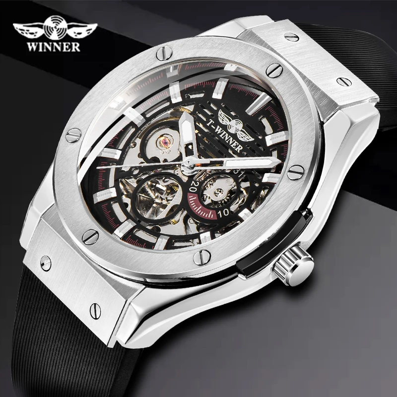 

WINNER Men Fashion Cool Black Automatic Mechanical Watch Rubber Strap Skeleton Dial Automatic Dial Design Sport Style Wristwatch