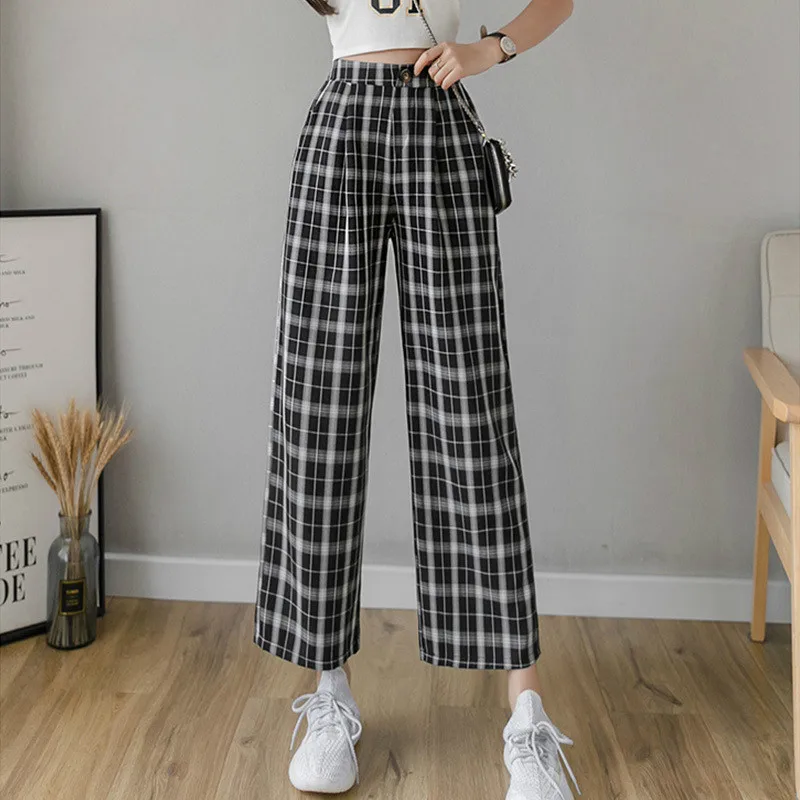 2020 Harajuku Cotton Linen Plaid Pants Elastic High Waist BF Pocketss  Trousers Wide Leg Pants Korean Casual Pants For Women|Pants u0026 Capris| -  AliExpress