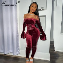 Simenual Velvet Lace Up Flare Long Sleeve Rompers Womens Jumpsuit Fashion Off Shoulder Sexy Party Jumpsuits with Corset Clubwear