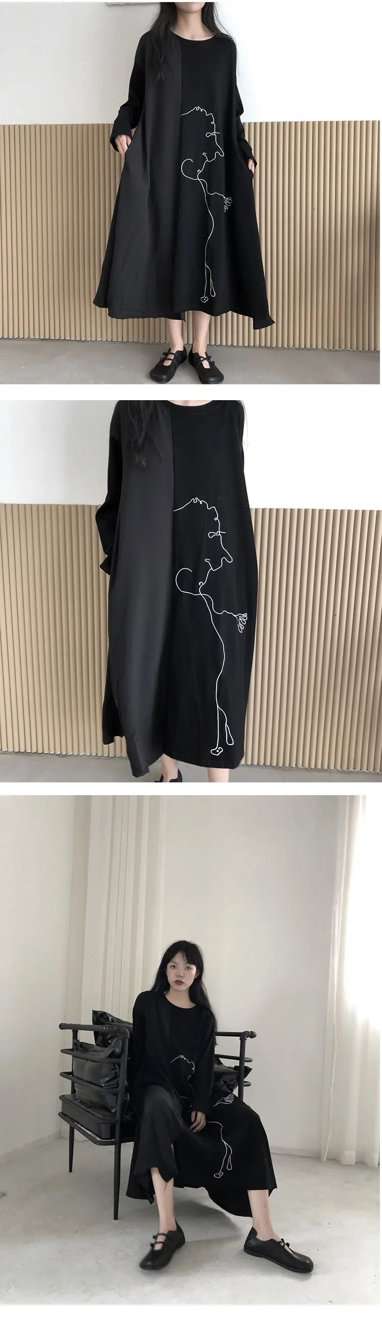 XITAO Patchwork Print Pattern Dress Women 2020 Autumn Casual Fashion New Style Temperament O Neck Full Sleeve Loose Dress ZP3637