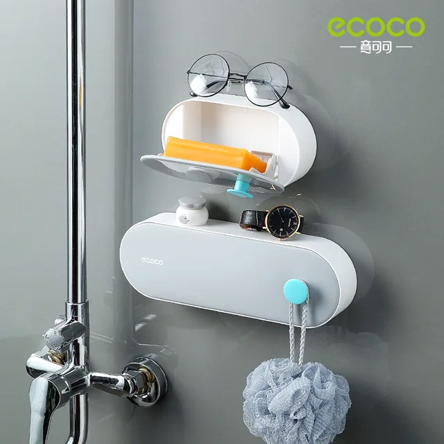 ECOCO Soap Holder Storage Box Wall Mounted Towel Rack Drain Punch Free Household Bathroom Ball Double Compartment Dust Proof New 1