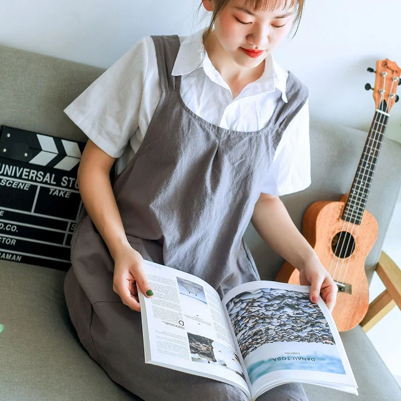 Waterproof Women Cotton Linen Cross Back Apron Japanese Housework Kitchen Cooking Double Pocket Apron Florist Working Apron