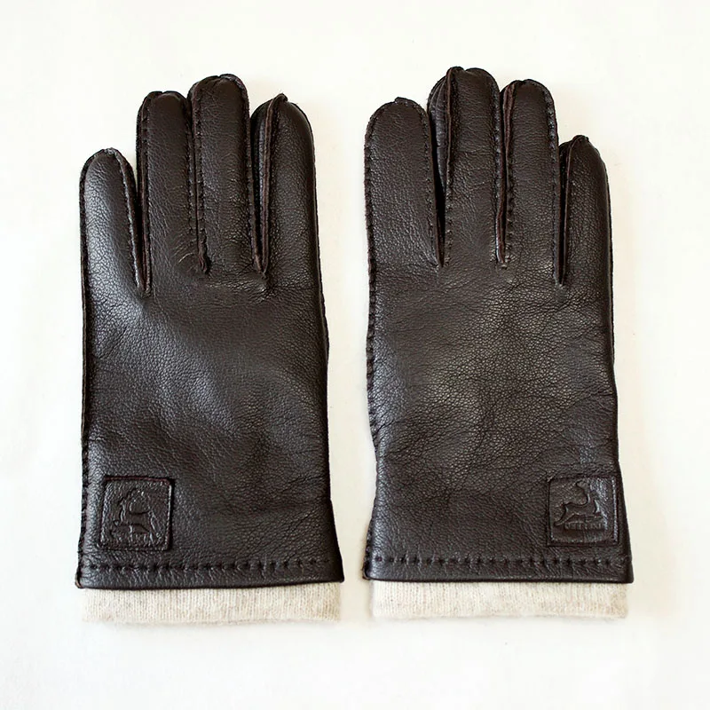 Leather Deerskin Gloves Men's Retro Style Hand-stitched Straight Brown Wool Lining Autumn Warm Finger Gloves