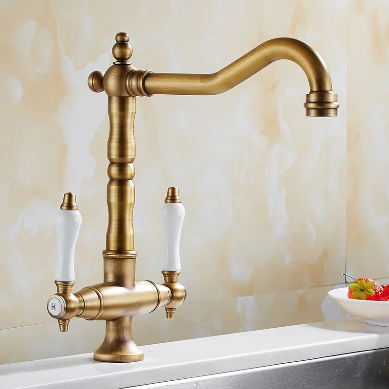 Antique Brass Swivel Spout Mono Kitchen Sink Basin Mixer Tap Single Lever Faucet 