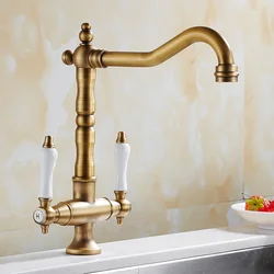 360 Swivel Kitchen Faucet Antique Brass Dual Porcelain Traditional Kitchen Sink Mixer Taps Twin Lever Solid Brass Basin