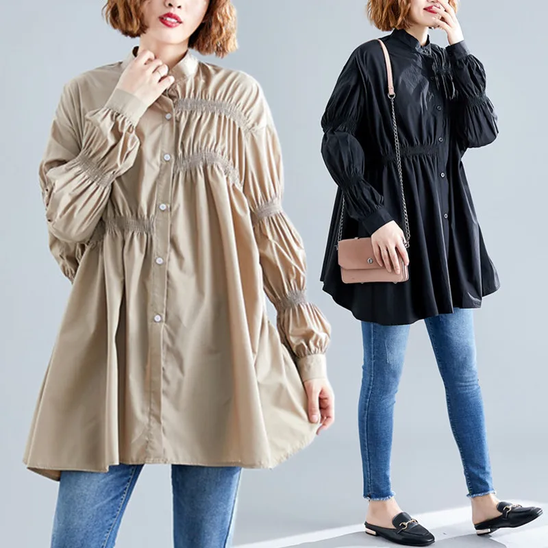 

BIG SIZE Spring Autumn Women Fashion Elegant Solid Tops Lady Female Plus Large Long Sleeve Loose Runched Irregular Blouse Shirt