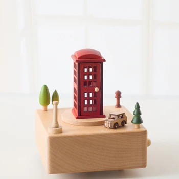 

Retro Phone Booth Music Box Call Box Wood Crafts Clockwork Type Music Boxes Hand Cranked Birthday Present Home Decoration