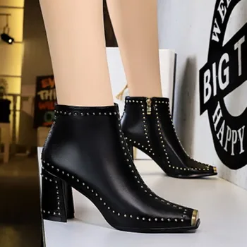 

New retro faux leather studs and ankle boots square with sexy women's boots metal square head rivet women's boots Женские сапог
