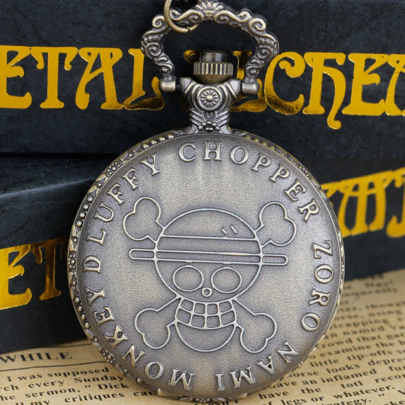 

Кварцевые карманные часы с логотипом пиратского черепа в стиле стимпанк, бронзовые часы с ожерельем и подвеской в подарок