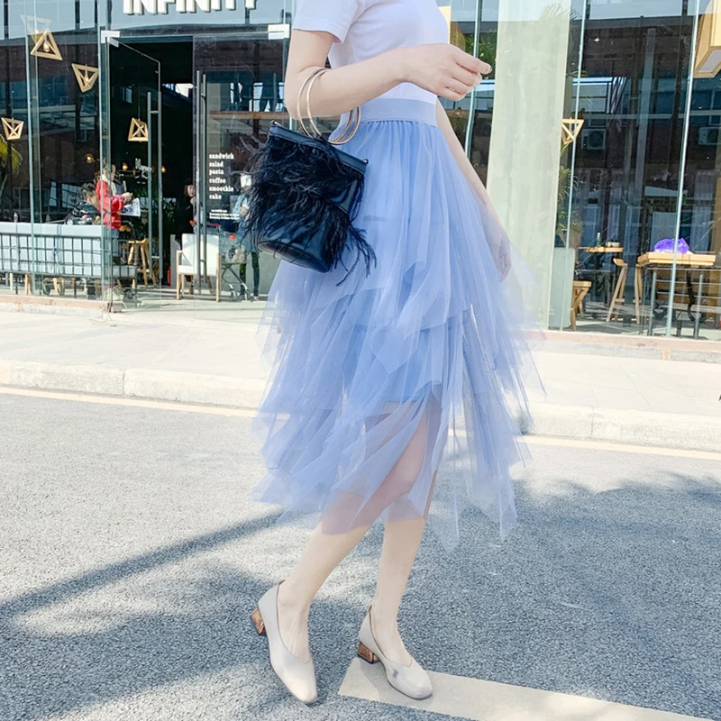 Blue Женские фатиновые юбки, s Faldas Mujer Moda,, модные, эластичные, высокая талия, сетка, пачка, макси, плиссированная, длинная, миди, Saias Jupe, Женская юбка - Цвет: Blue