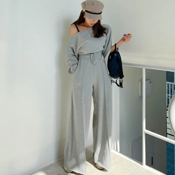 

2019 Ladies Outfit Tracksuits Movement Sexy slash neck short tops + Wide-legged pants Women Pant 2 Piece Set AQ149