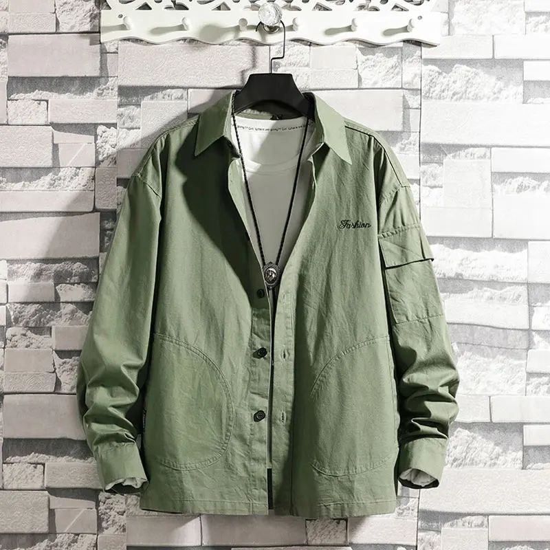 Green Модные цветные мужские рубашки с вышивкой, мужские рубашки с двойным карманом, Осенние M-4XL мужские рубашки с длинным рукавом - Цвет: Green