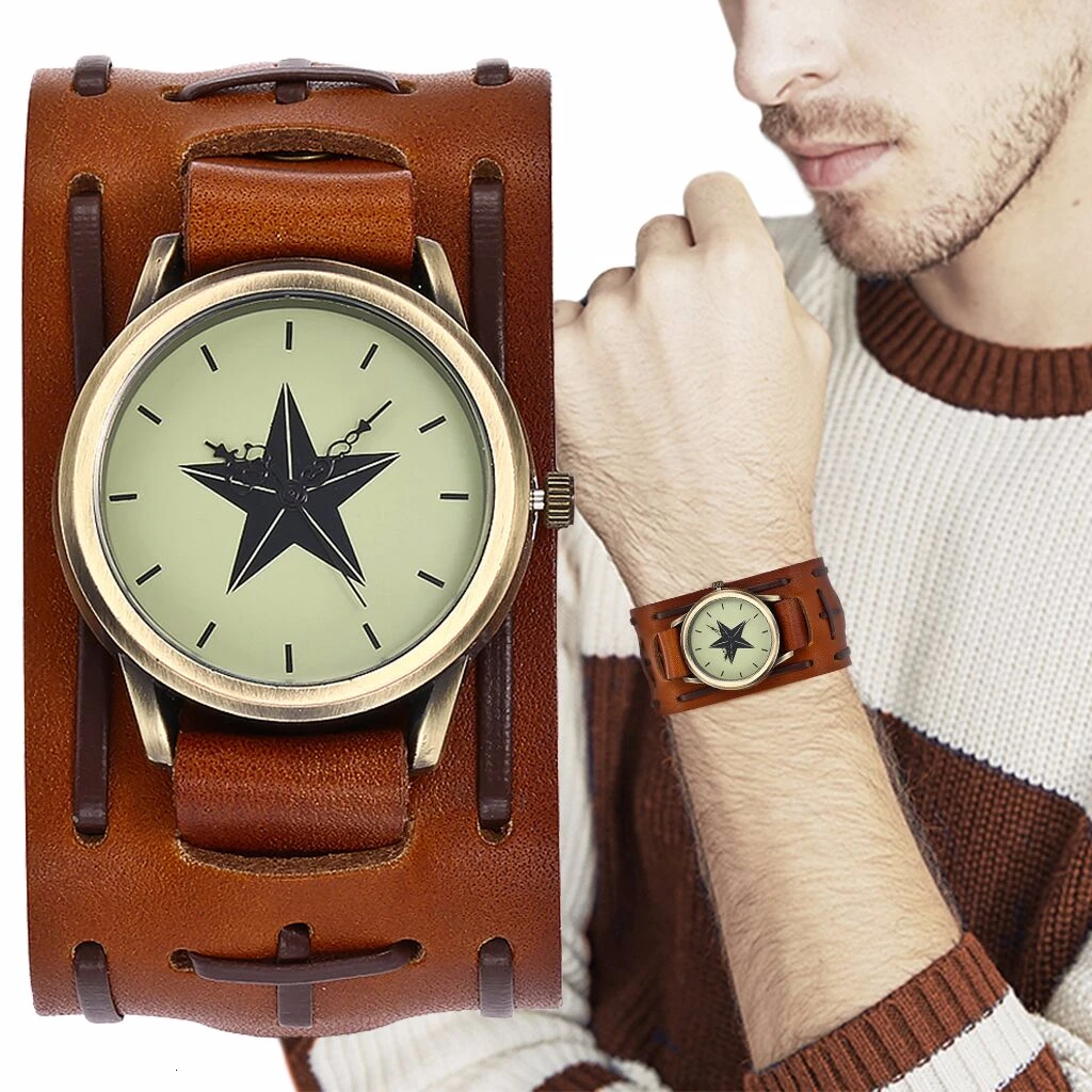 

Hot Sale Men Vintage Genuine Leather Punk Style Star Watch Casual Luxury Male Quartz Watch Relogio Masculino