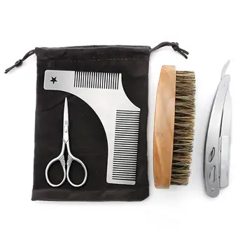 

Beard Trimming Set Stainless Steel Beard Comb Beard Template Trimming Styling Tool With Leather Bag Shave Brush Tools for men 4P