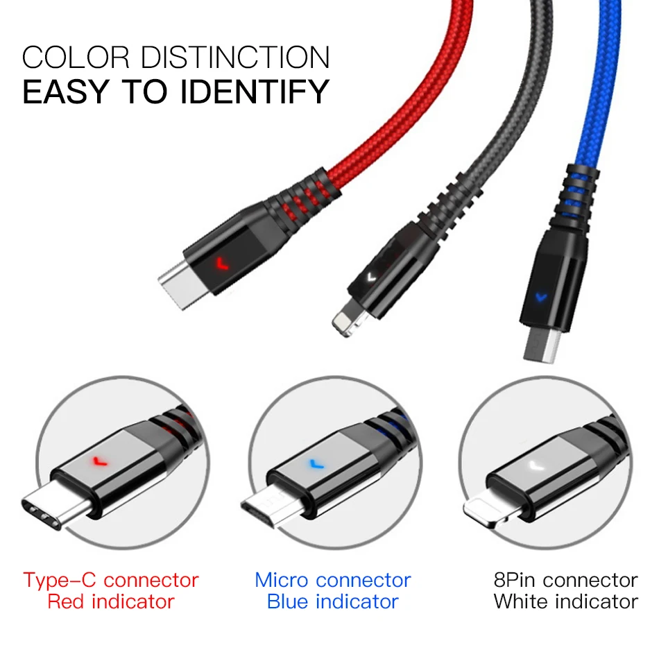 ACCEZZ USB 3 в 1 кабель для мобильного телефона Micro usb type C 8Pin 2.4A шнур для быстрой зарядки данных для iPhone samsung Xiaomi huawei