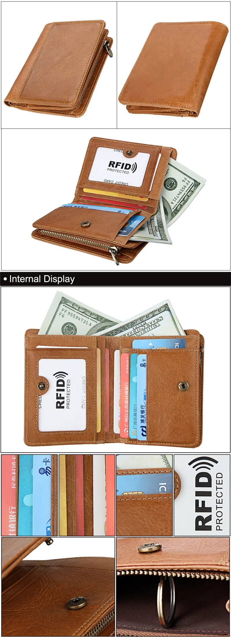 Новая мода RFID мужские кошельки с монетницей из натуральной кожи на молнии маленькие Мини кошельки Винтаж воловья кожа кошелек для долларов тонкая сумка для денег