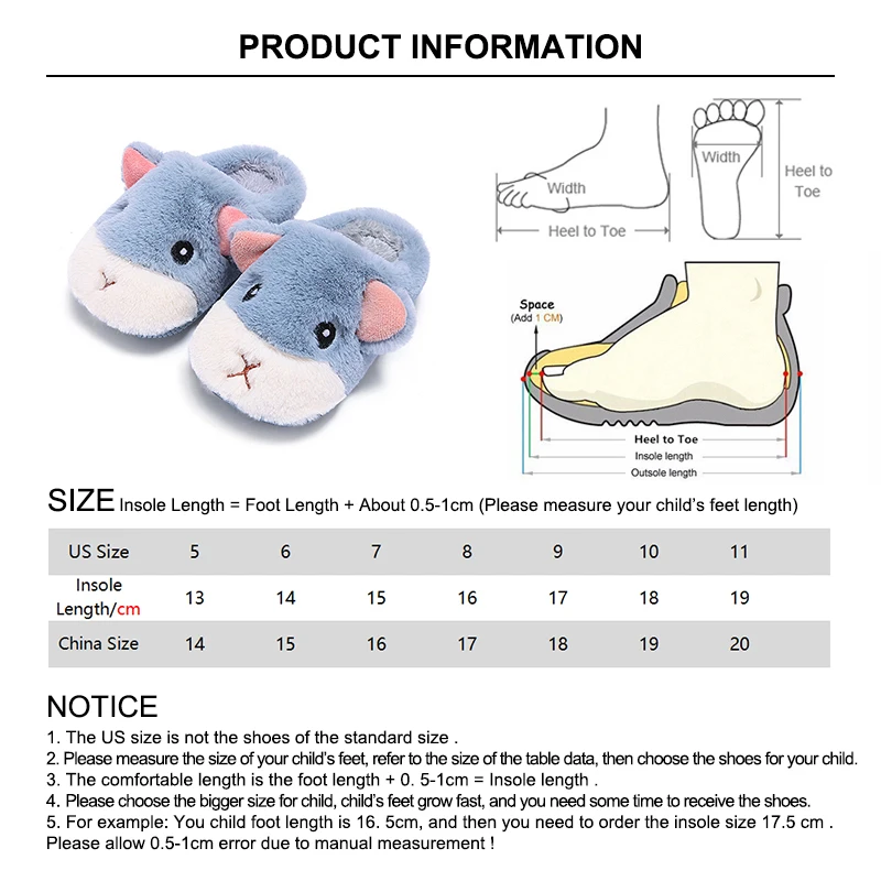 Детские тапочки с милым рисунком хомяка; домашняя обувь для мальчиков и девочек; зимние домашние Нескользящие тапочки; теплая мягкая детская обувь