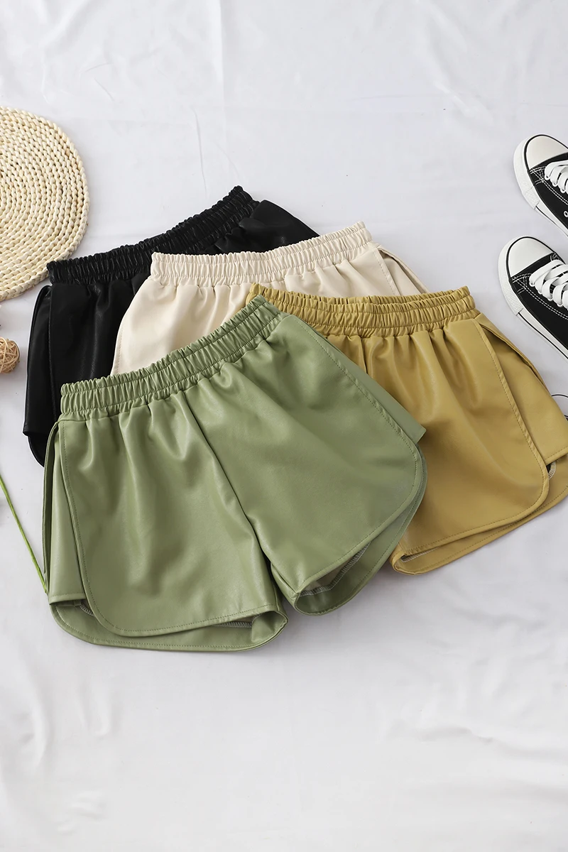 HELIAR Women Green Leather Elastic Waist Shorts Outerwear Sexy Hot Shorts Wide Leg Woman Night Club Shorts Autumn