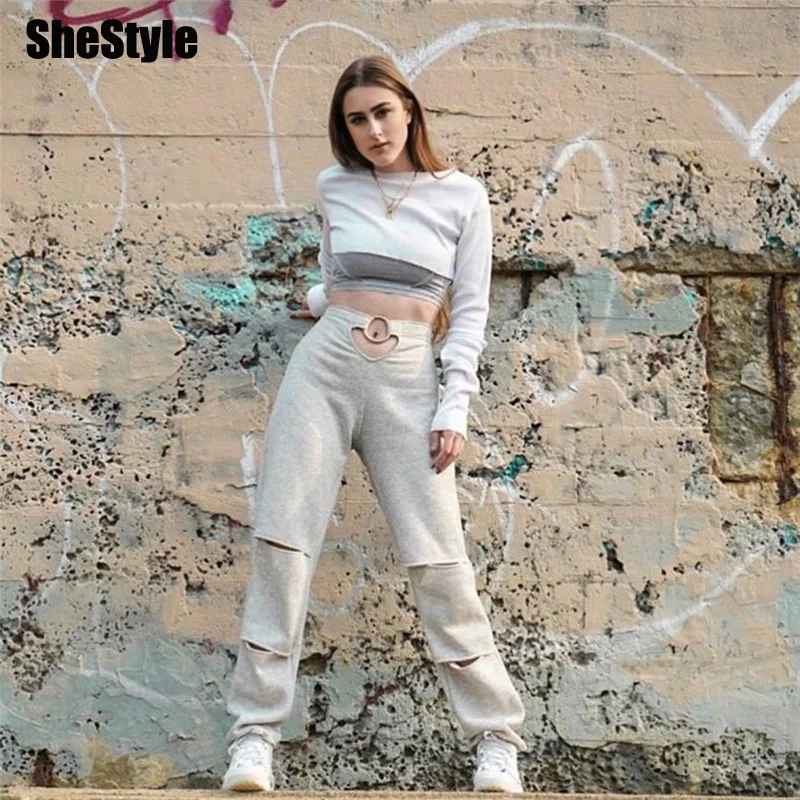 Shstyle/серые прямые свободные повседневные штаны с дырками для женщин, 2019, с высокой талией, с кольцом, уличная одежда, спортивные штаны, 90 S
