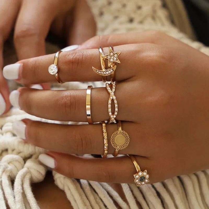 

DIEZI Luxury 8pc/set Crystal Big Gem Stone Knuckle Joint Rings Set For Women Gold Color Finger Rings Girls Jewelry 2019 New