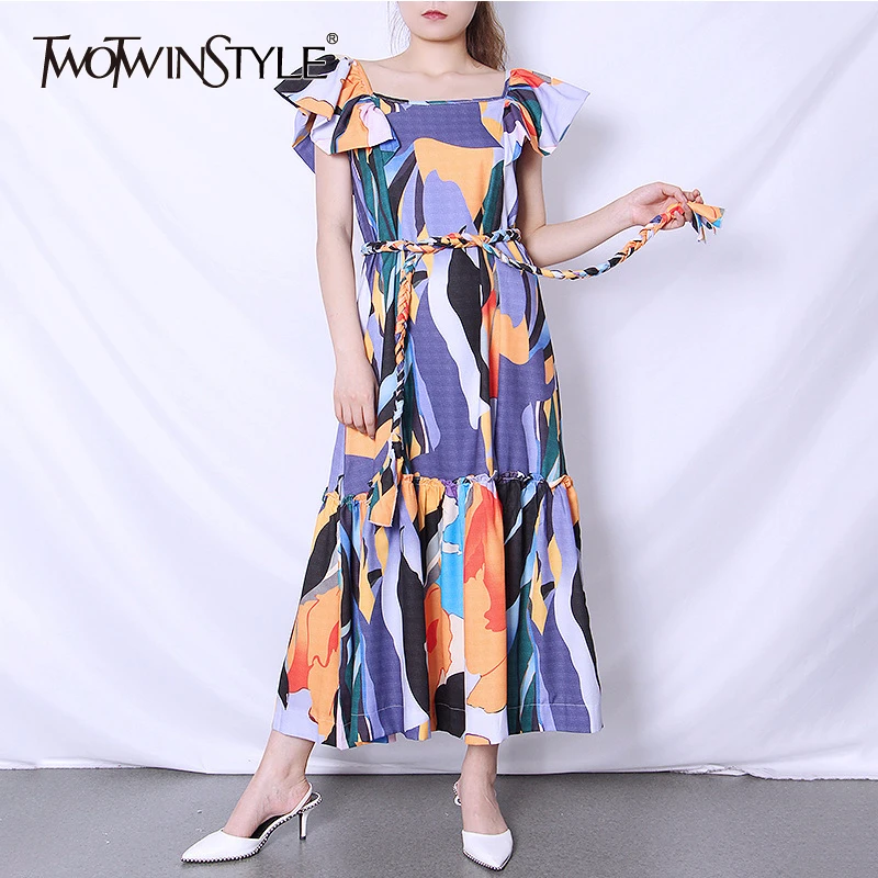 TWOTWINSTYLE Elegant Print Dresses Female O Neck Sleeveless Patchwork Ruffle High Waist Lace Up Hit Color Summer Dress Women New TWOTWINSTYLE Elegant Print Dresses Female O Neck Sleeveless Patchwork Ruffle High Waist Lace Up Hit Color Summer Dress Women New