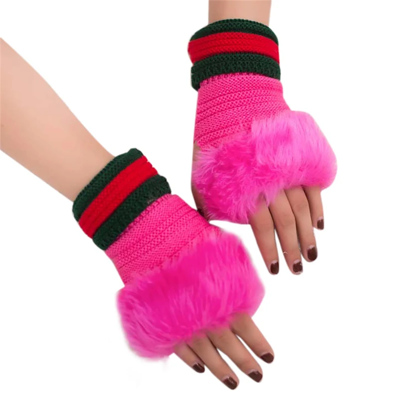 hor pink Женские теплые зимние перчатки без пальцев для девочек из искусственного кроличьего меха, перчатки на запястье без пальцев, утепленные женские варежки, подходящие по цвету, A40 - Цвет: hor pink