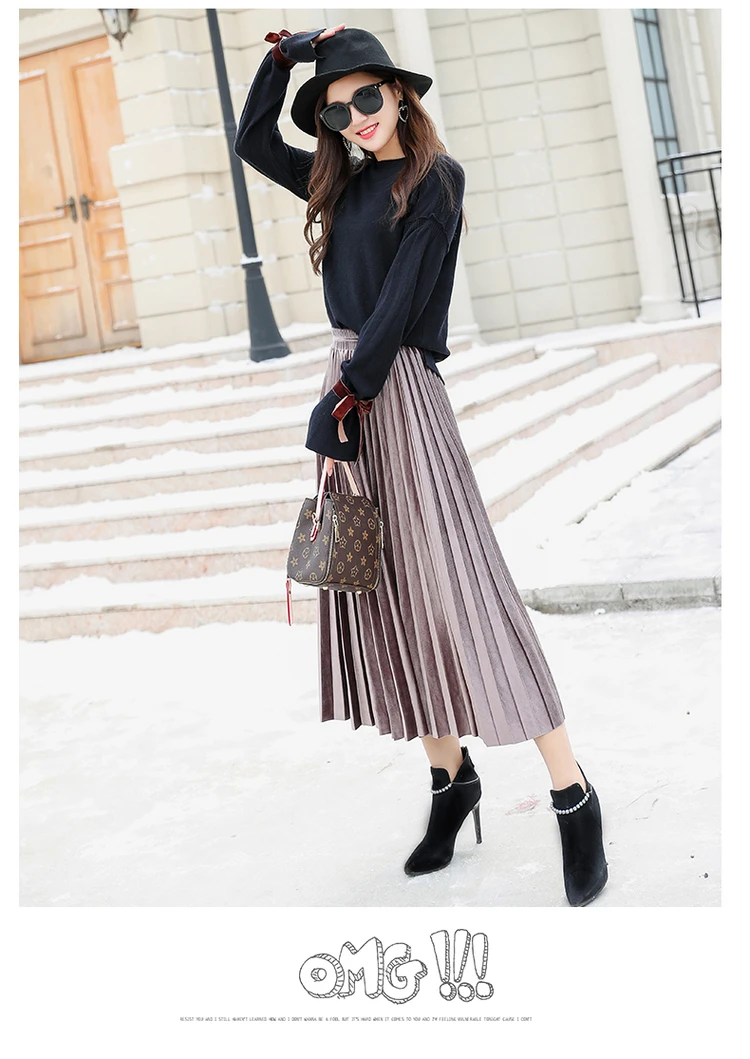 Осенне-зимняя женская длинная юбка с эластичной высокой талией, цвета металлик, серебряная юбка Mixi, винтажная Повседневная бархатная плиссированная юбка Saia Faldas