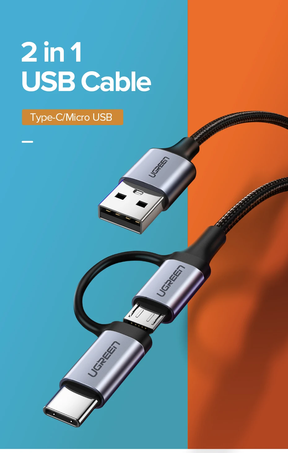Ugreen usb type-C кабель для samsung Galaxy S10 S9 2 в 1 быстрый Micro USB кабель для зарядки и передачи данных мобильный телефон USB зарядное устройство Шнур