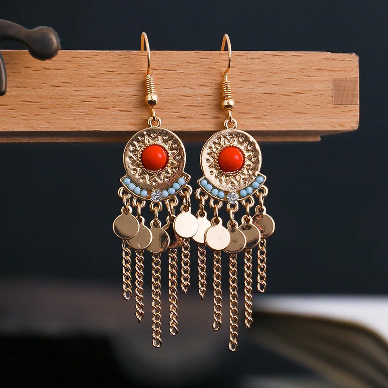 

Geometric Round Sequin Fringed Earrings Hanging Women Vintage Ethnic Metal Chain Tassel Earrings Boho Statement Earings Jewelry