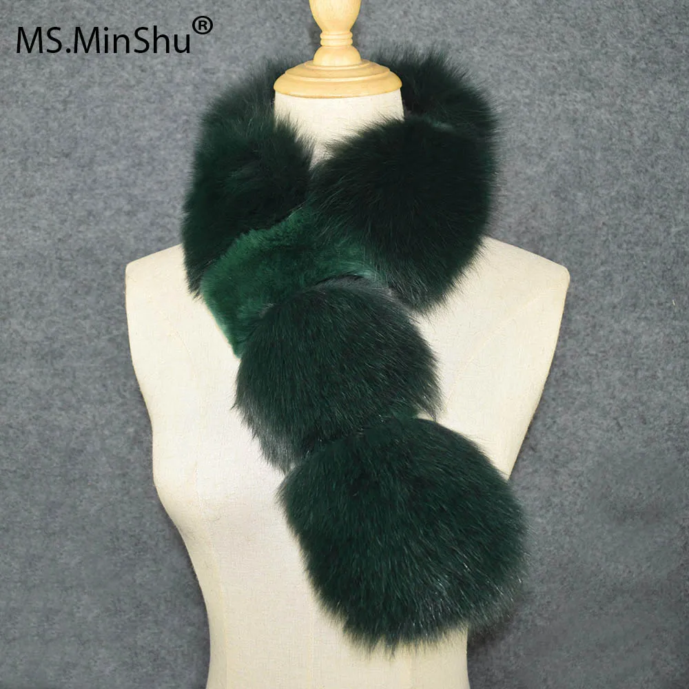 dark green MS. Minshu лисий мех шарф с мехом кролика рекс лоскутный Шарф Модный женский натуральный Лисий мех воротник - Цвет: dark green