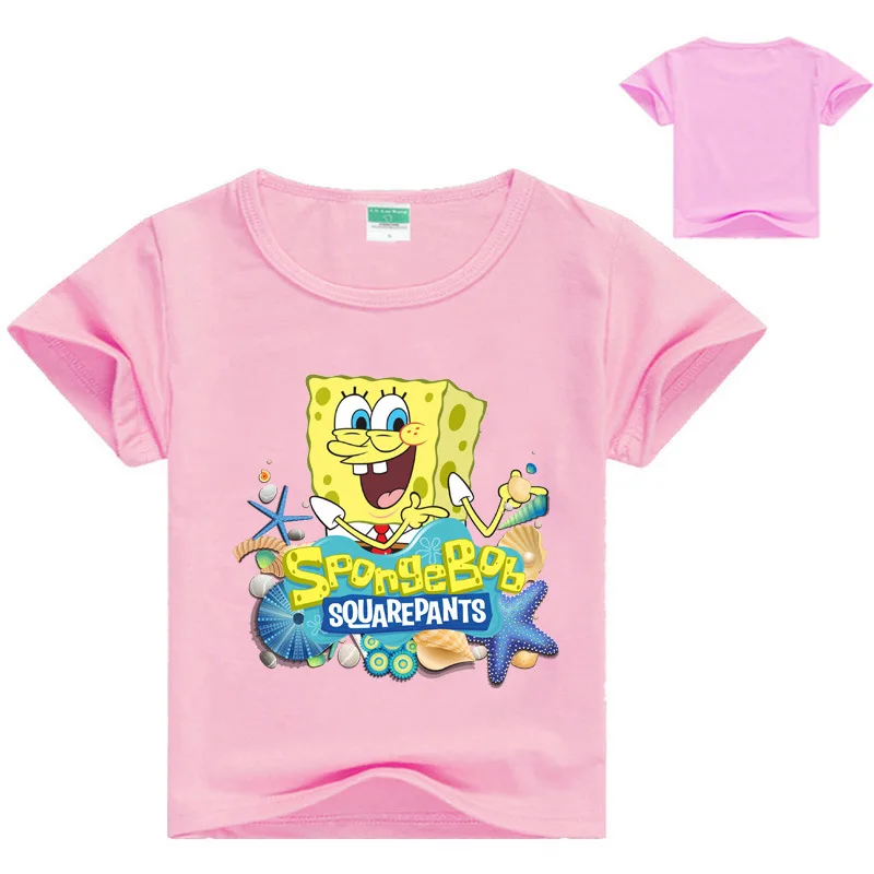 От 2 до 13 лет мультяшная Губка Боб футболка г. Летняя детская одежда для мальчиков и девочек хлопковые топы для маленьких девочек, футболка для мальчиков, Детская футболка - Цвет: pink