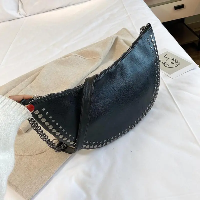 Female Casual Solid Color PU Leather Crossbody Bag Women Fashion Rivet Black Semicircle Shoulder Messenger Handbag