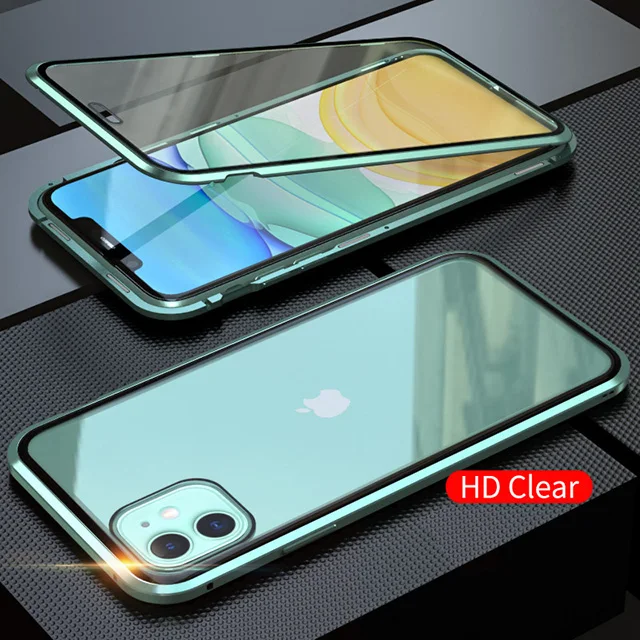 Защищающий от подсматривания магнитной адсорбции чехол для iphone 11 Pro Max Магнит двухсторонняя, для стекла чехол для iphone 11 обложки iphone 11 корпус под плетенную сумку - Цвет: Green HD Clear