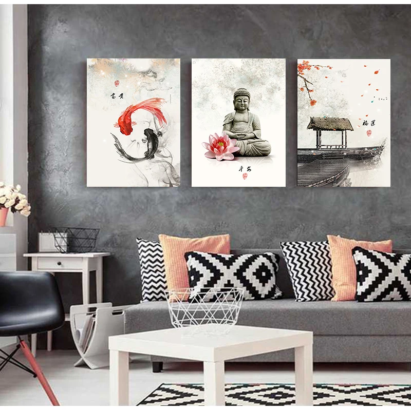 New Chinese ink Flowers Buddha Wall Art Print Picture Canvas Painting Poster for Living Room No Framed