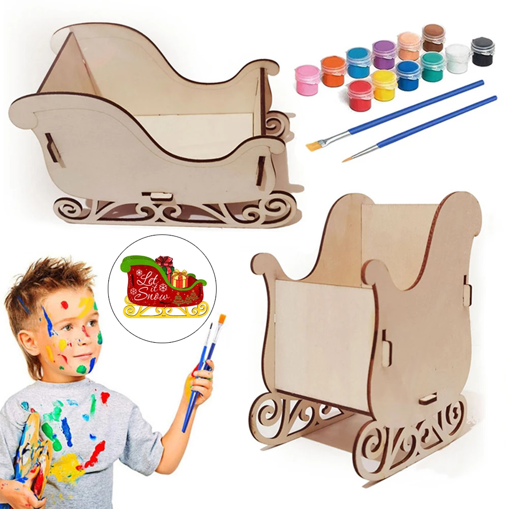 

DIY Assembly Wooden Christmas Sleigh Hotel Ornament Children Present Craft Unpainted Ornament Festive Atmosphere with Pigment