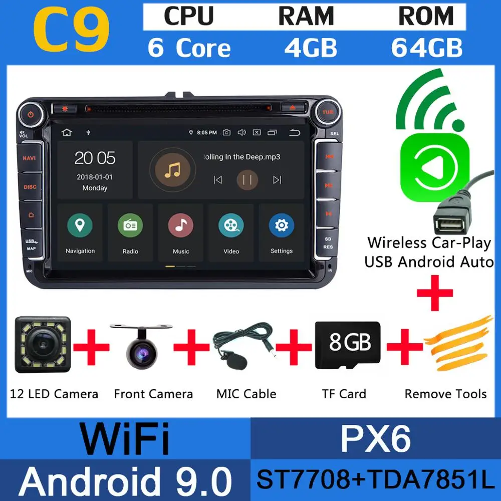 PX6 4G+ 64G Android 9,0 автомобильный DVD gps Raido для VW Skoda Seat Bora Jetta Golf Plus Passat CC Touran Tiguan Sharan Polo DSP CarPlay - Color: PX6 Wireless CarPlay